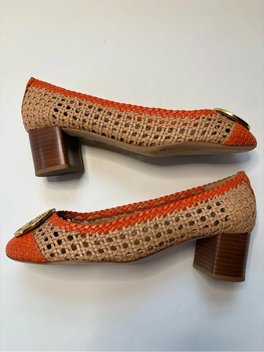 Tory Burch Chelsea Woven Orange and Tan Block Heel Pumps with Gold Logo